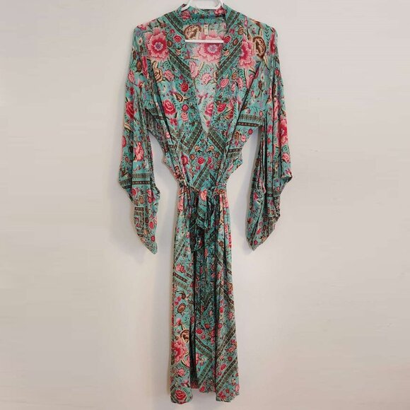 Spell & The Gypsy Babushka Turquoise Maxi Kimono Robe OS b225e - Picture 2 of 13